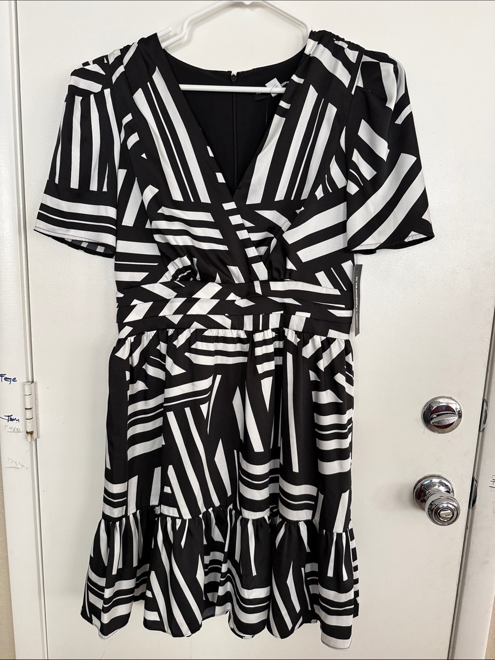 Karl Lagerfeld Black & White Geometric Wrap-Style Midi Dress
